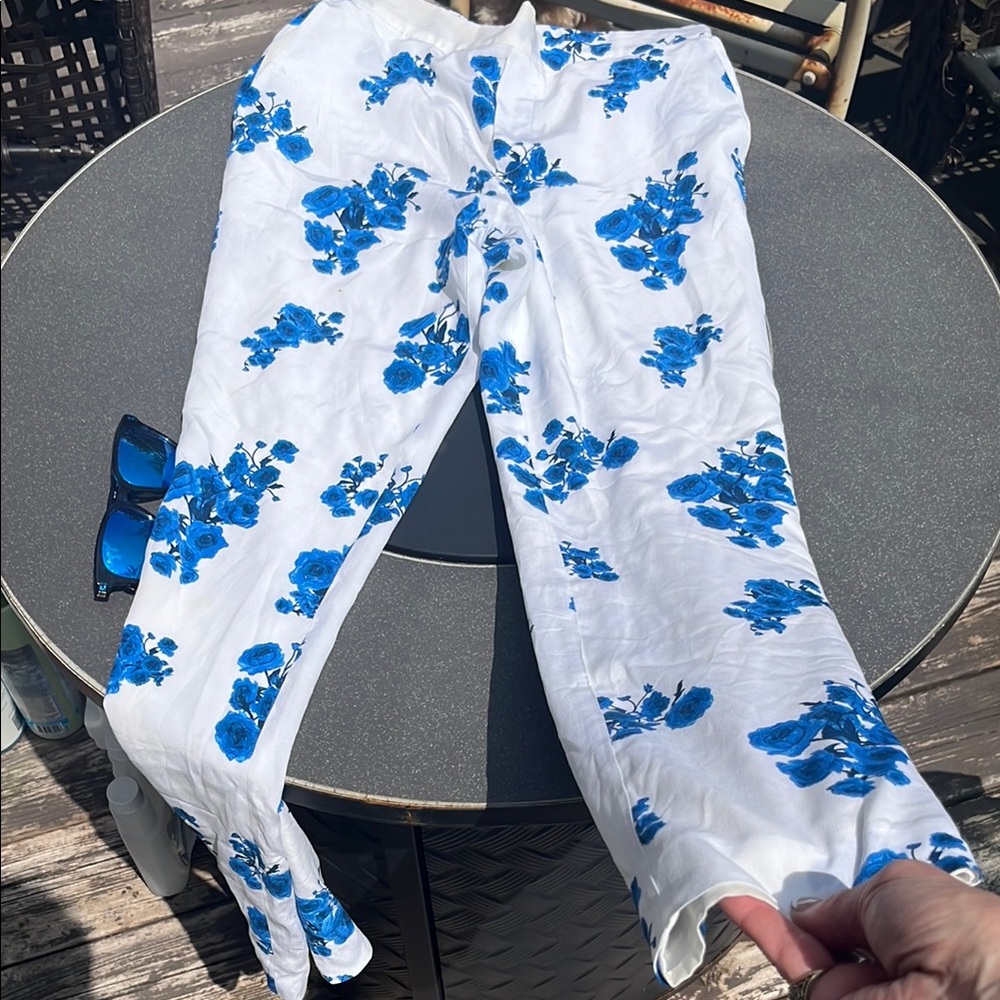 White and Blue Floral Pants
